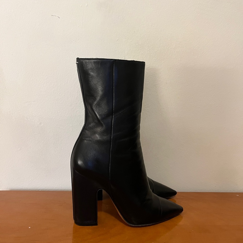 Maison Martin Margiela Black Leather Mid-Calf Block Heel Boots